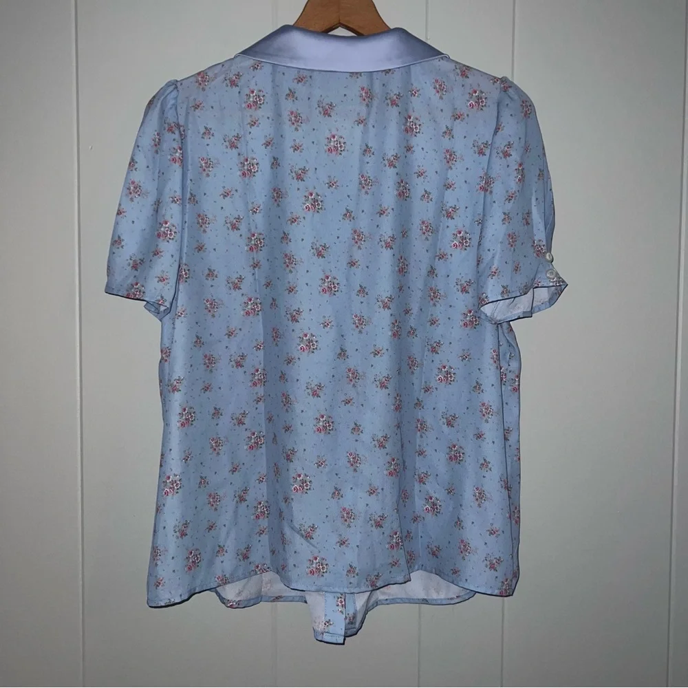 Simple Retro Blue Pink Romantic Bohemian Peter Pan Collar Button Down Top  NWT L - Picture 10 of 10